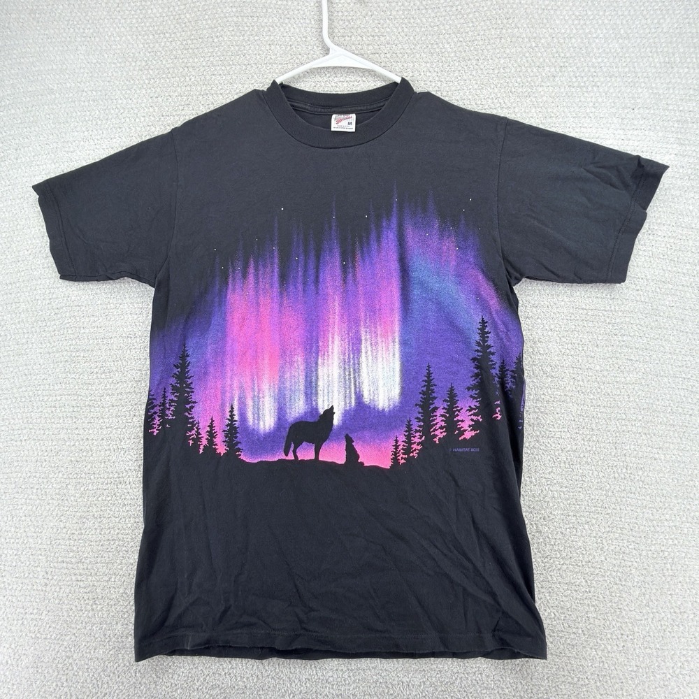 Vintage 1993 Habitat Wolf T Shirt Mens Medium Northern Lights AOP USA 90s